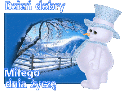 Bałwan w brokatowym kapeluszu wita i życzy miłego dnia